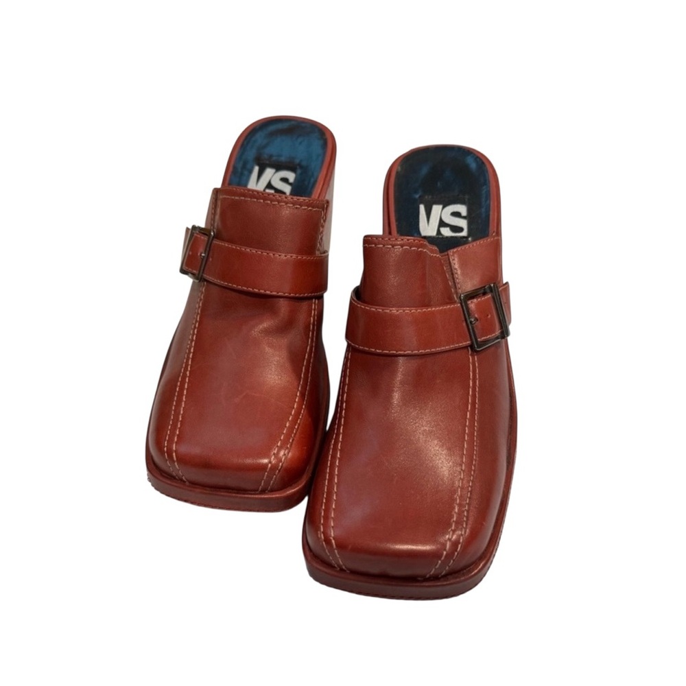 VS Deep Red Wedge Clogs Slip on Mules Buckle Strap Square Toe Detail size 6 NWOT